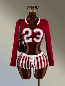 Amplova Women's Red & White Long T-Shirt & Fitted Shorts Sports Set - Red and White - View 1