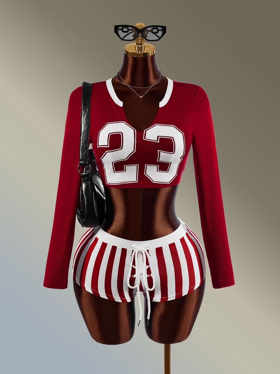 Amplova Women's Red & White Long T-Shirt & Fitted Shorts Sports Set - Red and White - View 1