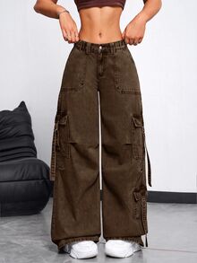 SHEIN EZwear 女款工裝口袋寬腿寬鬆休閒牛仔褲 - 咖啡棕 - 查看 5