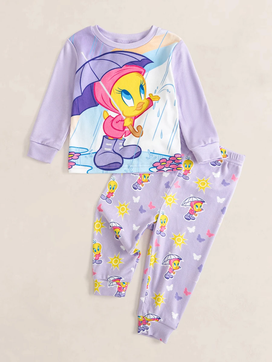 LOONEY TUNES X SHEIN 女嬰圓領長袖上衣與長褲居家休閒套裝 - 紫色 - 查看 1