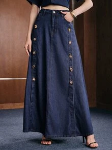 Anewsta Women's Fashion New Gorgeous Decorative Buckle Blue Jeans Skirt - Blue - View 6