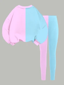 SHEIN 女童小女孩休閒復古K-卡通女孩拼接圖案圓領長袖衛衣與內搭褲2件套，適合秋冬 - 彩色 - 查看 3