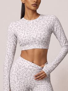 SHEIN BAE Women Leopard Print Long Sleeve Crop Top & High Waist Shorts Set Gym Workout Training Running Yoga Athletic Matching Co-Ord - Light Grey - View 3