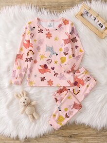 Young Girls Pajamas New Abstract Illustration Puppy Bow Flower Pattern Knitted High Elastic Snug Fit Crew Neck Long Sleeve Top With All-Over Print Long Pants 2 Pieces Set Loungewear 1Set - Multicolor - View 2