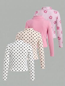 SHEIN 4pcs/Set Cute Versatile Knitted Polka Dot & Floral Pattern Long Sleeve Tops For Baby Girls - Pink - View 2