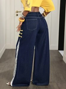 Slaydiva Women's Denim Frog Button Lace Wide Leg Jeans - Blue - View 2
