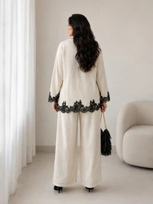 Solavon Plus Size Women's Lace Patchwork Long Sleeve Top And Pants Casual Daily 2 Pieces Set - Apricot - View 2