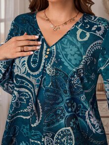 EMERY ROSE Plus Size Autumn Casual Paisley Print Shirt - Multicolor - View 7