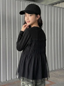 Dazy Kids Tween Girl Solid Color Pleated Casual Versatile Daily Wear Top - Black - View 3