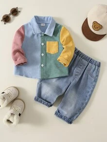 SHEIN 2件組男嬰秋冬彩色襯衫與牛仔褲套裝，襯衫套裝，嬰兒套裝，丹寧套裝，可愛套裝 - 彩色 - 查看 2