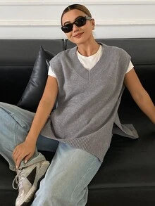 Livesso Women's Solid Color V-Neck Casual Versatile Knit Vest Fall - Grey - View 6