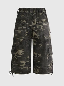 ROMWE Street Life Plus Size Vintage Camo Cargo Shorts, Multi-Pocket Washed Distressed Camo Denim Bermuda Shorts, Digital Print Patchwork Design, Y2K Street Style Loose Wide Leg - Army Green - View 2