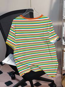 Nick 90s | SHEIN Kaos Kasual Lengan Pendek Leher Bulat Motif Kartun Garis-garis untuk Wanita Ukuran Besar - Putih - View 2