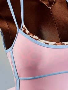 Amplova Women's Pink Leopard Print Contrast Color Double Strap Sports Jumpsuit - Pink - View 6