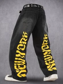 Manfinity Denimwave 男士 New York 休閒街頭印花黑色水洗丹寧直筒喇叭牛仔褲 - 黑色 - 查看 3