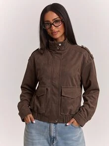 SHEIN BAE Coffee Brown Faux Suede Bomber Jacket, Stand Collar Zip Up With Flap Pockets Ribbed Hem, Casual Street Style Fall Winter Outerwear - Coffee Brown - View 1
