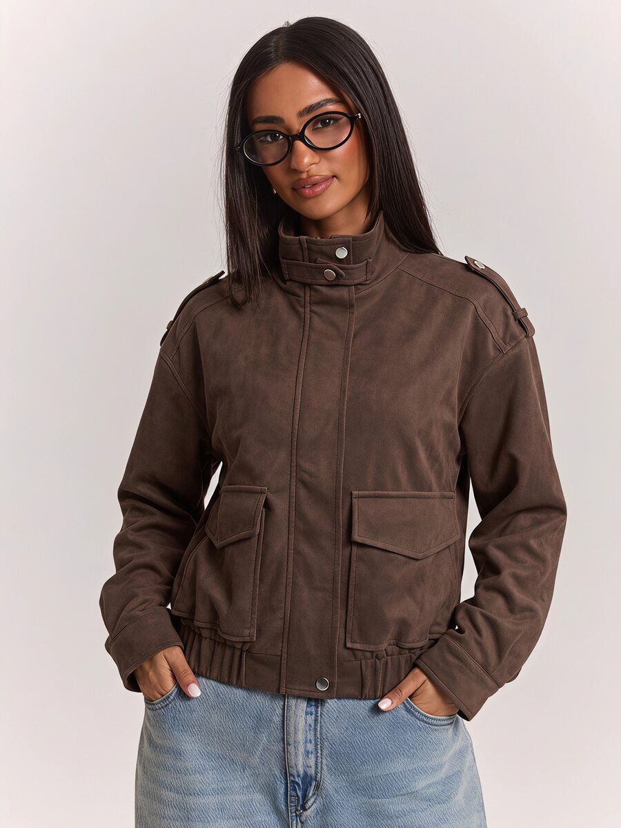 SHEIN BAE Coffee Brown Faux Suede Bomber Jacket, Stand Collar Zip Up With Flap Pockets Ribbed Hem, Casual Street Style Fall Winter Outerwear - Coffee Brown - View 1