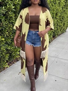 Slaydiva Plus Size Yellow Cable Knit Tassel Short Sleeve Drop Shoulder Cardigan, Casual Chic Sweater For Fall Autumn Winter Date Vacation - Yellow - View 3