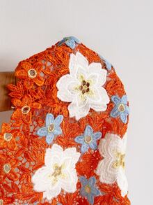 Soleia 新款性感浪漫花卉刺繡V領露背綁帶背心，適合度假、約會、夜店、波希米亞風、秋季女裝、復古、假期 - 橘色 - 查看 7