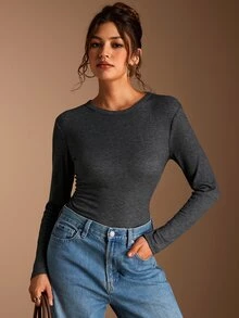 SHEIN BASICS 女款極簡百搭長袖T恤，適合日常穿著 - 卡其色 - 查看 3