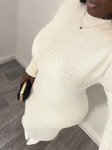 Penseblé Women's Round Neck Bell Sleeve Solid Color Sweater Dress - Apricot - View 5