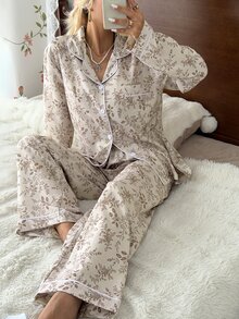 CottageSlumber Bubble Crinkle Ditsy Floral Print Lapel Long Sleeve Long Pants Pajama Set - Apricot - View 5