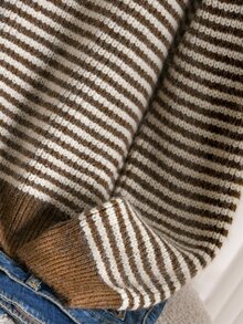 CosyJoli Women's Ribbed Asymmetrical Oversized Collar Knit Sweater, Ribbed Long Sleeve Top, Autumn/Winter - Brown - View 3