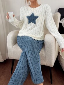 Napfluff 2-Piece Fluffy Fleece Pajama Set With Star Embroidery Pattern, Warm And Elegant Details, Autumn And Winter Clothing - Multicolor - View 4