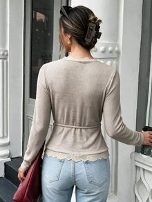 Flora Isola Flora Isola Autumn Elegant Romantic Lace Trim Tie-Front Wrap T-Shirt Brunch Khaki - Khaki - View 3