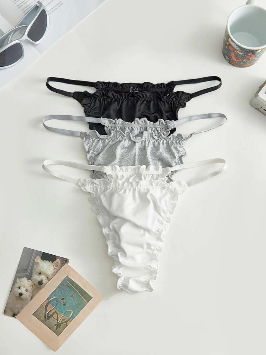 Lowkey Lull 3pcs Multi-Color Frill Trim High Elasticity Minimalist Casual Women's T-Back Panties - Multicolor - View 1