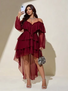 Viva Relle Plus Size Sexy Cold Shoulder Spaghetti Strap Front Short Back Long Burgundy Dress Fall - Burgundy - View 2