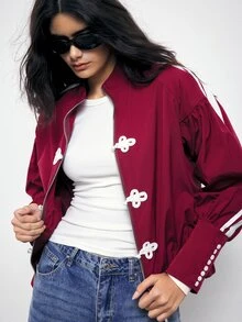 Maija Plus Size Fashion Street Streetwear Dark Red Colorblock Button-Up Jacket Everyday Going Out Autumn - Red - View 6