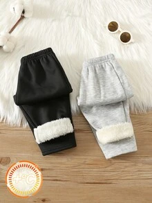 SHEIN 2pcs Baby Boy Solid Color Versatile Comfortable Elastic Waist Long Pants Set, All-Match Long Pants Multi-Pack, Infant Autumn/Winter Fleece Lined Long Pants - Multicolor - View 3