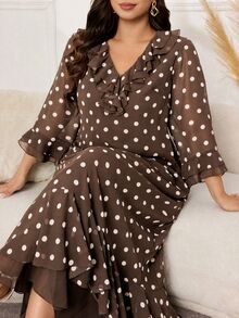 Al Najma Plus Size Women's Fashion Minimalist Flared Slimming Dress - Coffee Brown - View 3