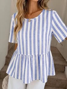 SHEIN LUNE 女款條紋圓領短袖荷葉邊下擺休閒襯衫 - 彩色 - 查看 5