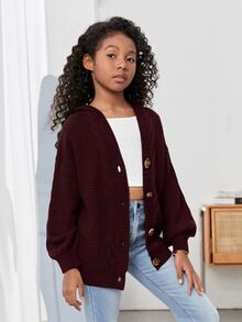 SHEIN Tween Girl Girls' Long Sleeve Hooded Casual Loose Knit Cardigan - Burgundy - View 4