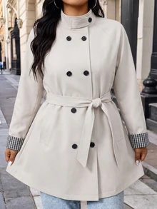 EMERY ROSE Plus Size Women's Casual Solid Color High Neck Raglan Long Sleeve Patchwork Plaid Cuff Double-Breasted Belted Regular Fit Trench Coat, Suitable For Autumn/Winter Commuting, Office And Street Wear - Apricot - View 1