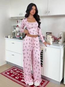 ZzzCrew Pink Women's Ribbed Knit Cartoon Cookie Man Christmas Print Large Scoop Neck Pajama Set - Pink - View 4