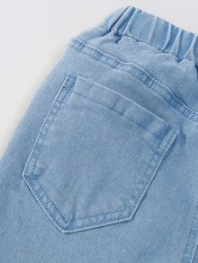 SHEIN Explorewe 男童全鬆緊腰抽繩百搭極簡日常舒適彈性淺灰色修身牛仔長褲 - 淺色水洗藍 - 查看 4