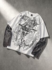 ROMWE MEN Goth Men's Printed Pattern 2 In 1 Loose Long Sleeve T-Shirt - White - View 4