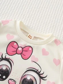 Cozy Pixies 2件組女嬰童休閒日常舒適印花連帽套頭寬鬆衛衣與素色針織秋冬長褲套裝 - 粉色 - 查看 3