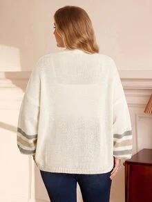 EMERY ROSE Plus Size Colorblock Striped Long Sleeve Knit Cardigan - Apricot - View 7