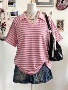 Lalippa Women's Striped Casual Regular Fit Loose Raglan Short Sleeve Collared T-Shirt - Multicolor - View 1