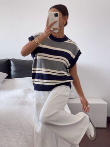 Siren Gaze 女款休閒優雅無袖針織上衣，條紋針織上衣，美式復古條紋，女款返校穿搭 - 彩色 - 查看 3