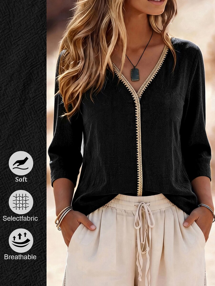 Linhara CURVE Women's Plus Size Mid-Length Sleeve V-Neck Casual Top, Spring Summer Autumn Winter, Vacation, Casual, Home Wear - Black - View 1