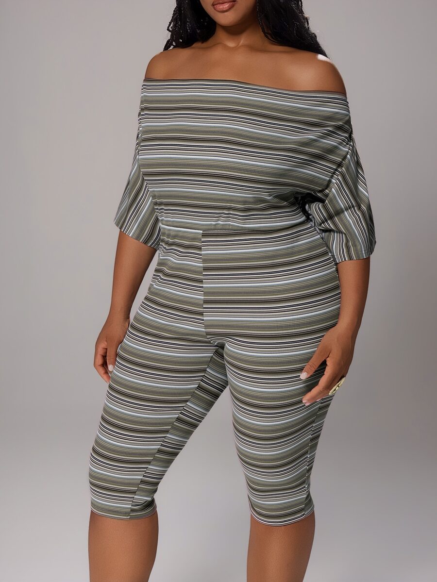 Rustia Plus Size Multi-Color Striped Asymmetric Neck 3/4 Sleeve Fitted Knit Jumpsuit - Multicolor - View 1