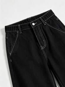 SHEIN Tween Boy New Smoke Gray Vintage Denim Jeans, American Street Style Loose Drape Wide Leg All-Match Versatile Casual Denim Long Pants - Black - View 4