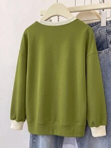 INAWLY Women's Fashion Versatile Colorblock Long Sleeve Sweatshirt For Daily Wear - Army Green - View 2