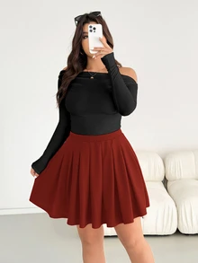 SHEIN Essnce 大尺碼女款純色休閒學院風百褶裙 - 鏽棕色 - 查看 5