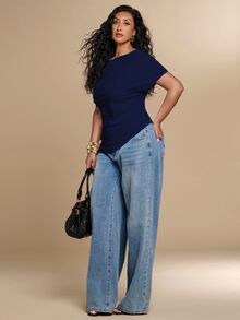 SHEIN BAE CURVE 大尺碼女款夏季優雅純色不對稱領側開衩上衣 - 藏蓝色 - 查看 5
